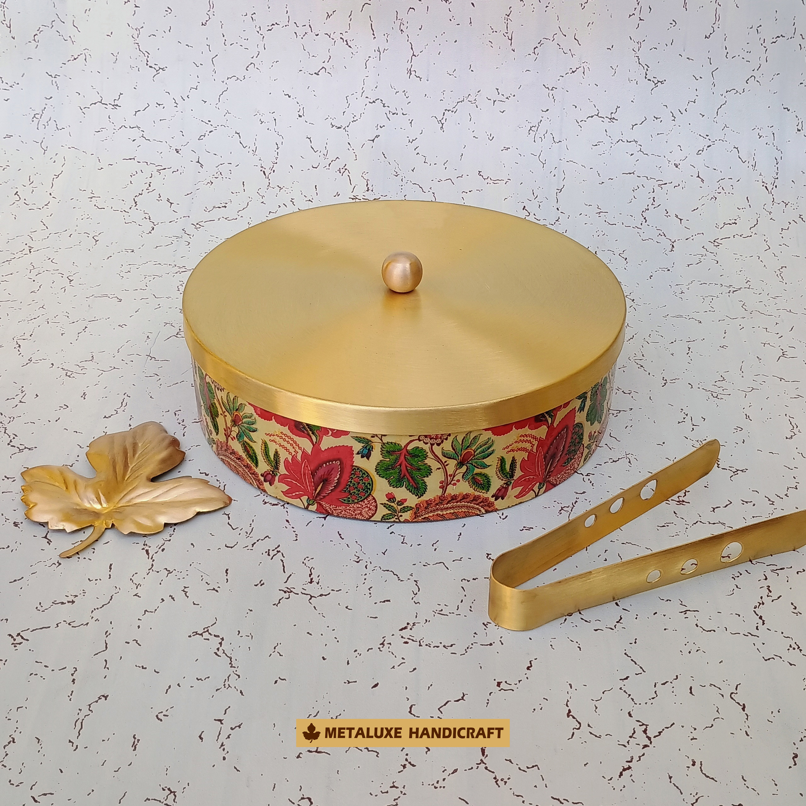 Brass wooden chapati box, 8 by 2.5 inches, handcrafted finish, enamel design on wooden box