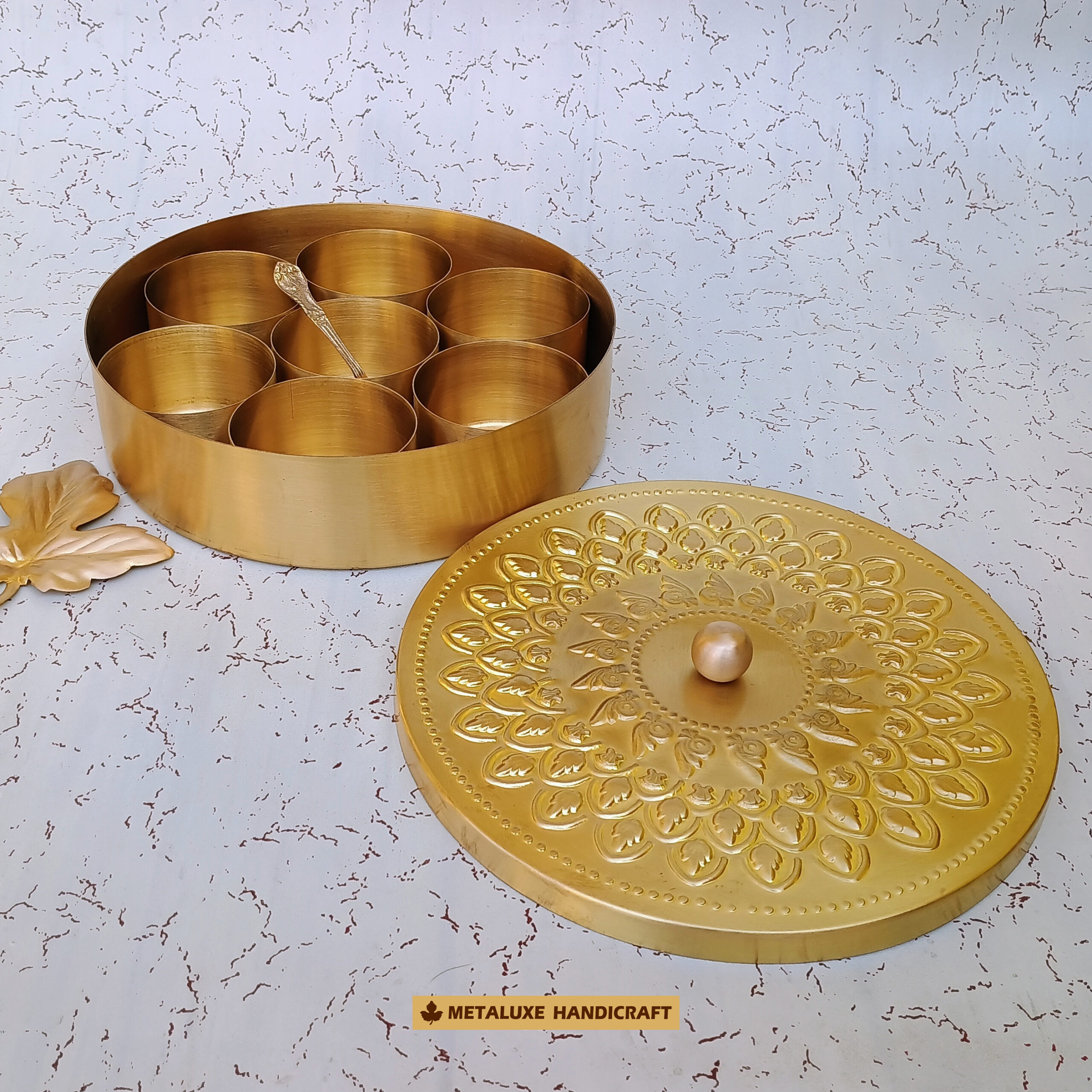 pure brass spice box with 7 compartments, 100 ml each, 8 by 2 inches, brass matte finish.